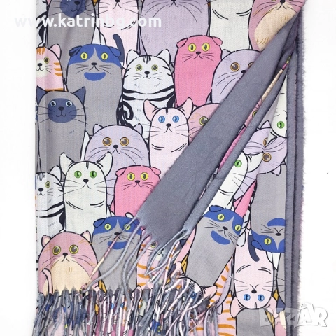 Шал с котки и ръкавици – сив подаръчен комплект за жена Код на продукта:DAK-0047, снимка 3 - Подаръци за жени - 52292813