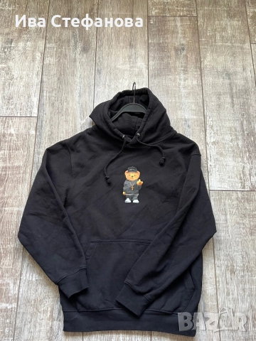 Спортна памук памучна черна ватирана блуза суичър суитшърт с качулка с мече
