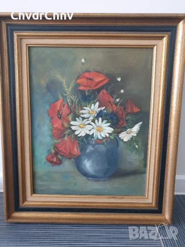 Mathys 68х58см/стара картина масло върху платно/натюрморт кана с цветя/1979/дървена рамка