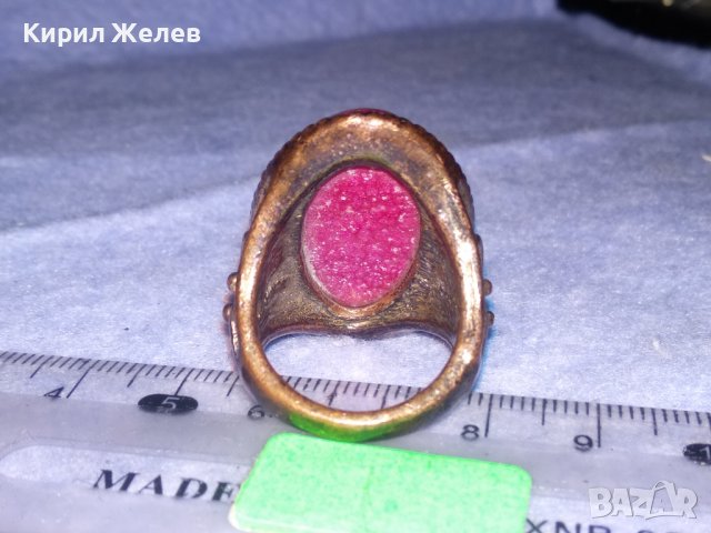 СТАР МЕДЕН ОРНАМЕНТИРАН РЕТРО АРТ ПРЪСТЕН с ГОЛЯМ ПОЛИРАН КАМЪК РОЗОВ АВАНТЮРИН 36963, снимка 6 - Пръстени - 39748064