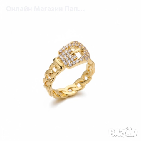 Дамски пръстен от неръждаема стомана, позлатен – регулируем модел „колан-верига“ с циркони