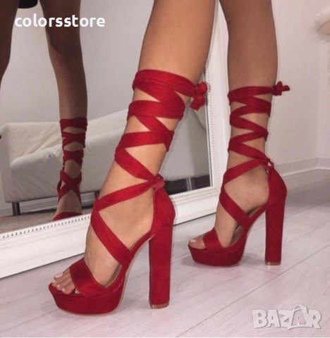 Сандали на ток - червен велур - 2893-2