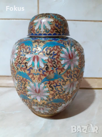 Cloisonne Клоазоне стара ваза буркан бронз клетъчен емайл, снимка 3 - Антикварни и старинни предмети - 53357585