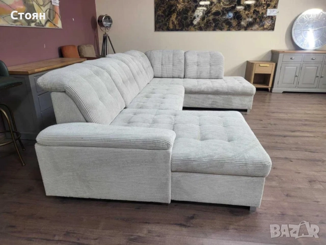 ПРОМОЦИЯ!!!Бежов П-образен ъглов диван от плат рипсено кадифе Nixon, снимка 2 - Дивани и мека мебел - 52829958