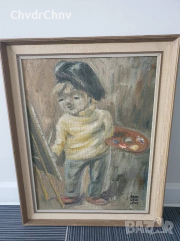 46x35см наивизъм/2бр шведска картина масло върху платно/момиченце с цветя/момченце художник, снимка 6 - Картини - 46846778