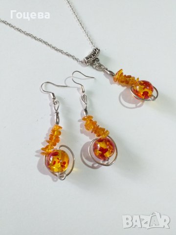 Разкошен Кехлибарен Арт комплект бижута обици и колие , снимка 5 - Бижутерийни комплекти - 39328884