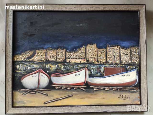 Маслена картина Нощен морски пейзаж с лодки, снимка 1