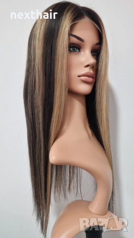 Естествена черна перука с руси кичури - 55 см, дантелена зона 4х4, снимка 6 - Аксесоари за коса - 53148642