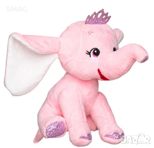 Плюшен слон, розови големи уши, фуксия, блестяща корона, 21 см S_1212885, снимка 2 - Други - 48500026