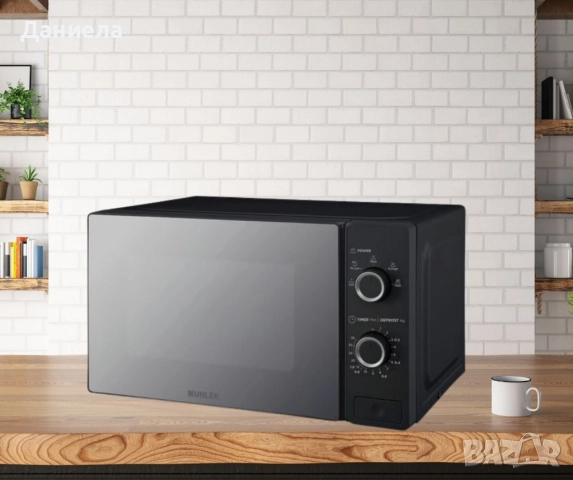 Микровълнова фурна 20L, черна, огледална, механична, снимка 2 - Микровълнови - 52702397