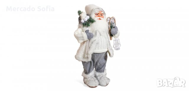 Коледна реалистична фигура Дядо Коледа, Бял с фенер, 60см 