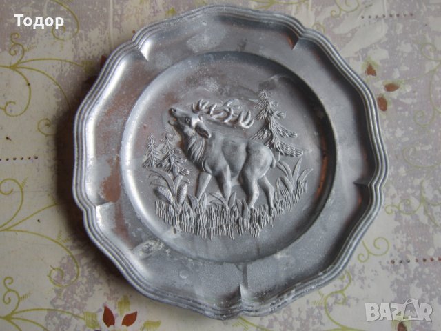 Уникална ловна калаена чиния  за стена елен , снимка 6 - Антикварни и старинни предмети - 26993938