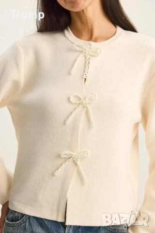  Стилна блуза, панделки от перли, бордо, кафяво, екрю, снимка 2 - Блузи с дълъг ръкав и пуловери - 52843013