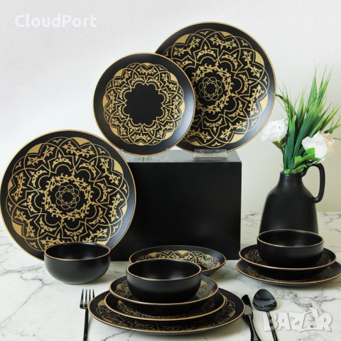 ПЪЛЕН СЕРВИЗ ЗА МАСА, KERAMIKA, 24 ЧАСТИ, КЕРАМИКА, ЖЪЛТО/ЧЕРНО, снимка 3 - Сервизи - 43582825