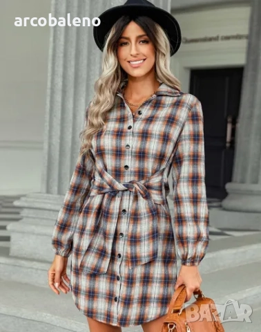 Едноредна модна дамска карирана рокля, 2цвята , снимка 6 - Рокли - 51883854