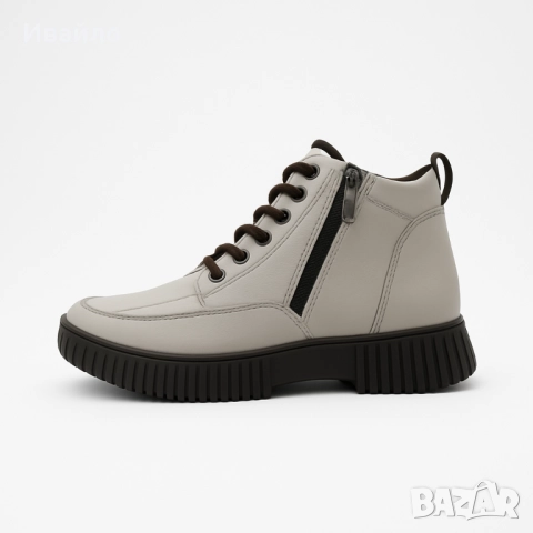 Дамски светлобежови боти от естествена кожа с тъмнокафява подметка и връзки, снимка 6 - Дамски боти - 52190252