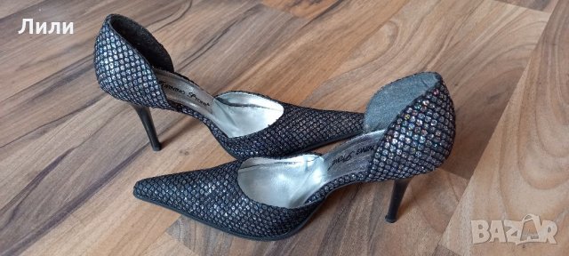 Нови абитуриентски черни елегантни обувки със сребърен брокат и остър връх, снимка 5 - Дамски обувки на ток - 32729886
