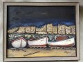 Маслена картина Нощен морски пейзаж с лодки, снимка 1 - Картини - 28446153