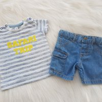 Къси дънкови панталони и тениска за новородено момче, снимка 1 - Комплекти за бебе - 28802654