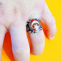 Уникално стар красив мъжки сребърен пръстен с  голем полумесецът и звездата, турски пръстен, османск, снимка 1 - Пръстени - 38759094