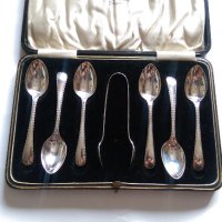 Комплект сребърни лъжички и щипка за захар , снимка 4 - Антикварни и старинни предмети - 28378459