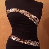  Черна къса рокля Tally Weijl XS със златно парти рокля , снимка 4 - Рокли - 32919092