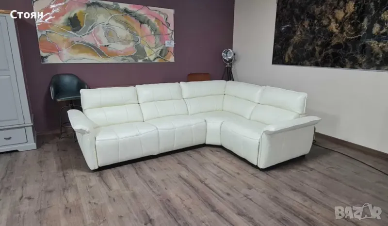 Кремав кожен ъглов диван "Cadenza" с електрически релакиращ механизъм, снимка 1