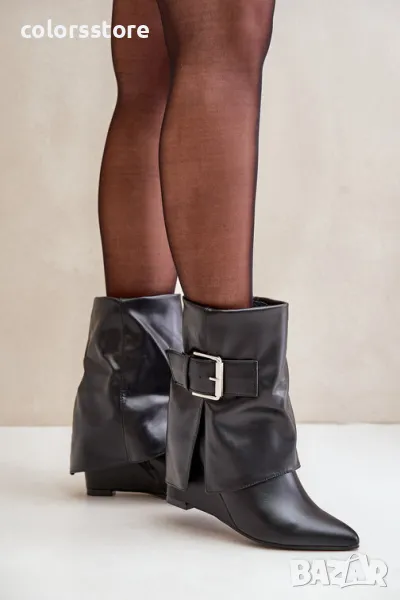 Боти на платформа - черна кожа - KK22, снимка 1