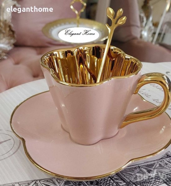Елегантен комплект за чай/kaфе -Цвят пепел от рози със златно, снимка 1