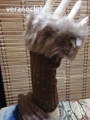 Дамски ръкавици с пух и камъчета, снимка 1