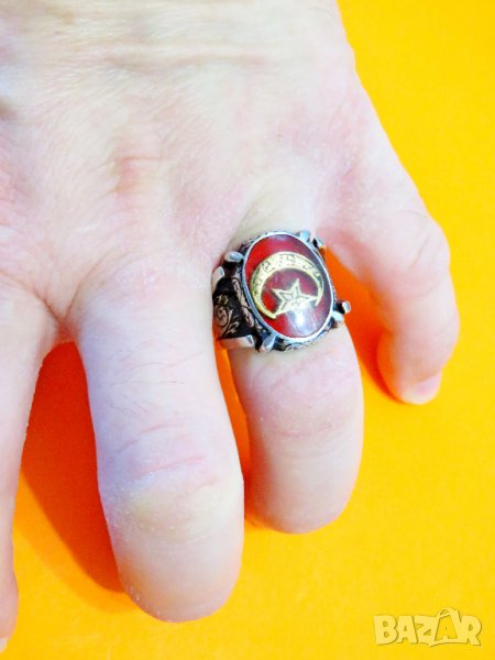 Уникално стар красив мъжки сребърен пръстен с  голем полумесецът и звездата, турски пръстен, османск, снимка 1