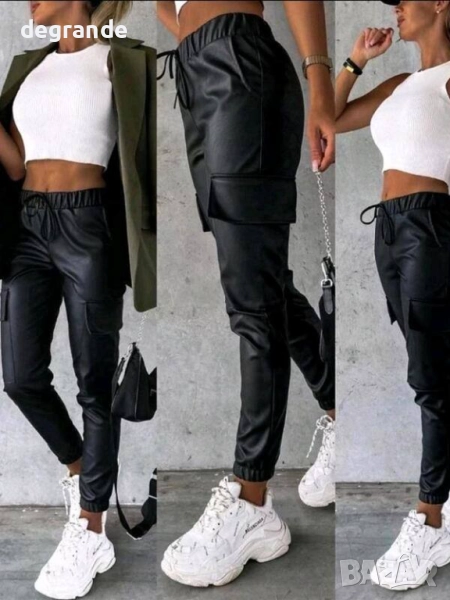 Дамски черен кожен панталон тип Cargo S M L размер, снимка 1