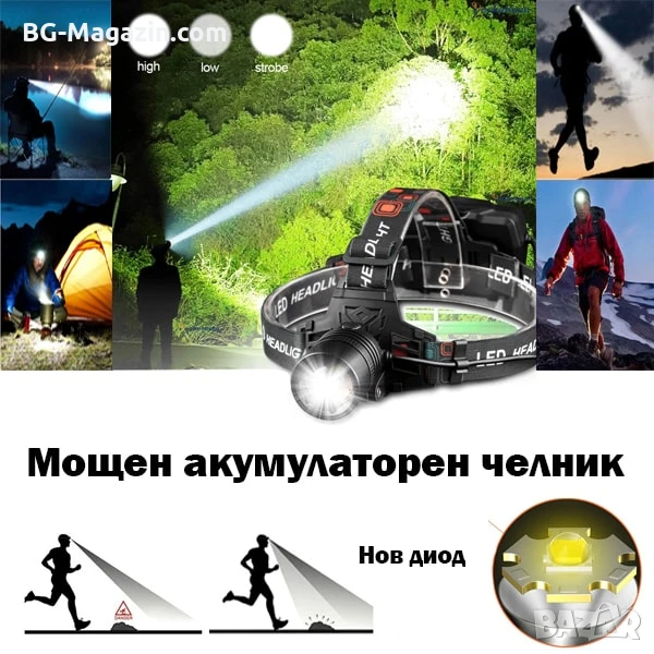 Акумулаторен мощен LED фенер челник за глава далекобоен тактически къмпинг лов риболов каска палатка, снимка 1