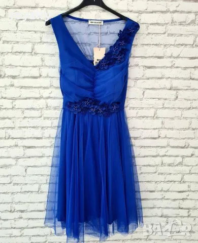 Рокля с тюл в цвят турско синьо, снимка 3 - Рокли - 50414522