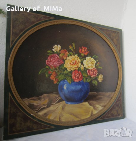 1945 Натюрморт цветя /рози в синя ваза, голяма картина, снимка 4 - Картини - 28888697