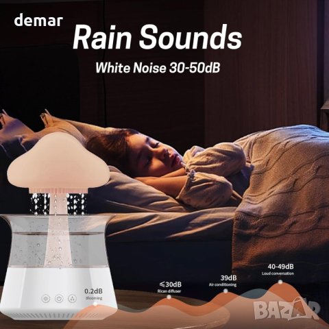 Овлажнител с дъждовни капки, звуци от дъжд, 7 цвята LED (бял), снимка 5 - Овлажнители и пречистватели за въздух - 44114598