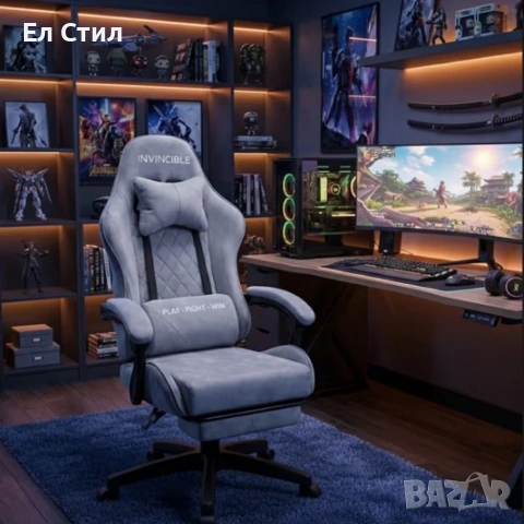 Геймърски стол с регулируема височина, лумбална възглавница и метална основа, снимка 4 - Столове - 53567315