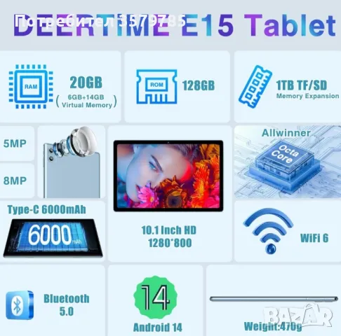 DEERTime E15 Таблет с Android 14 10,1 инча, 20GB RAM 128GB ROM 1TB Expand Осемядрен, снимка 9 - Таблети - 49013313