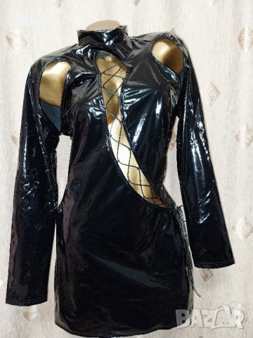  L Черна  рокля от лак / винил /, снимка 8 - Рокли - 43120476