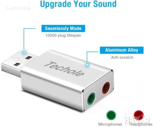Techole USB стерео звукова карта с 3,5 мм, за Windows и Mac, алуминиева, снимка 2 - Други - 35409098