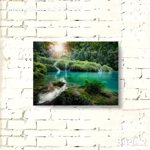 Картина на платно с дървена рамка-Водопад при залез,30x40 см., снимка 2 - Картини - 48463985