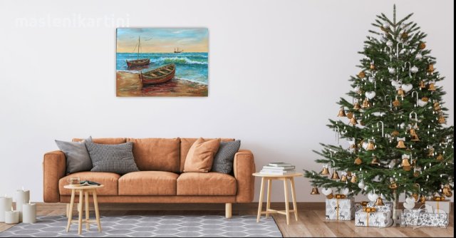 Море и лодки маслена картина , снимка 2 - Картини - 42821202