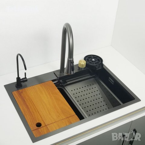 Мултифункционална дълбока кухненска мивка със смесител водопад|Tetra Sink|1NS30468TS
