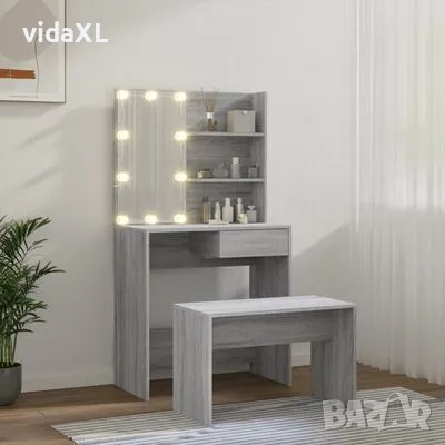 vidaXL Комплект тоалетка с LED, сив сонома, инженерно дърво（SKU:3114113）, снимка 3 - Тоалетки - 48819691