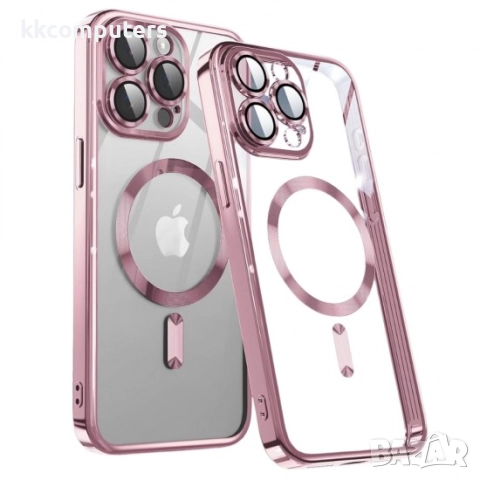 Силиконов кейс bSmart Chrome Magsafe с протектори за камерите, За iPhone 17 Pro Max (6.9), Розово-зл