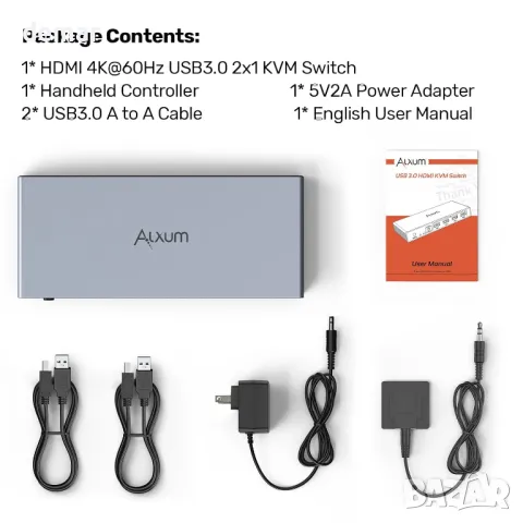 Alxum HDMI KVM превключвател 2 компютъра - 1 монитор USB 3.0 4К 60Hz, контролер и два USB3.0 кабела, снимка 8 - Друга електроника - 49688194