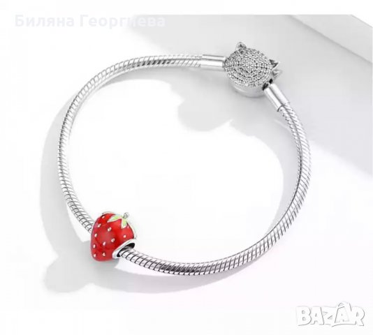 Сребърен талисман за гривна Пандора ягодка Модел 030, снимка 5 - Гривни - 35223140