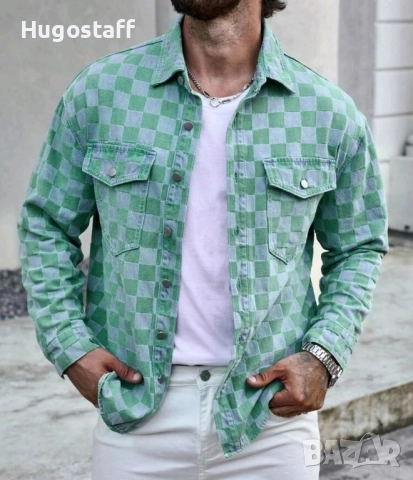 Ново мъжко дънково яке зелено шах деним памук ХХЛ