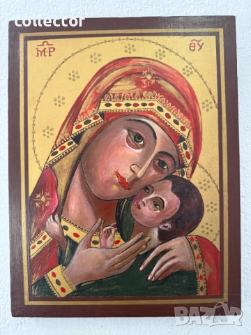 Рисувана икона на дърво - Света Богородица с Младенеца №7758, снимка 2 - Антикварни и старинни предмети - 52826373
