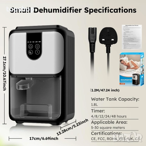 Нов малък влагоуловител SnowCatTech Влагоабсорбатор за дома, електрически влагоабсорбатор 1800 мл..., снимка 8 - Абсорбатори - 52642037